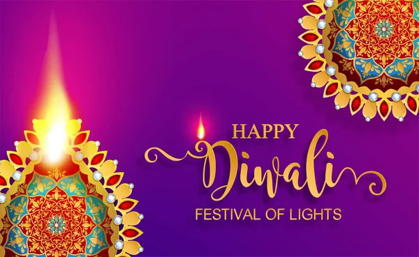 Glücklich Diwali Festival Karte Mit Gold Diya Gemustert Und Kristallen — Stockvektor