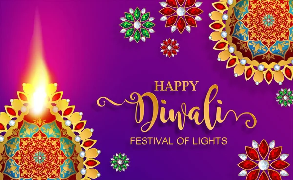 Glücklich Diwali Festival Karte Mit Gold Diya Gemustert Und Kristallen — Stockvektor