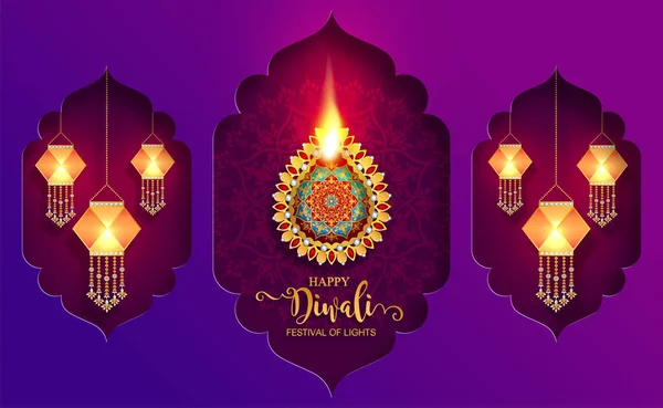 Mutlu Diwali Festivali Kartıyla Altın Diya Desenli Kristaller Kağıt Üzerinde — Stok Vektör