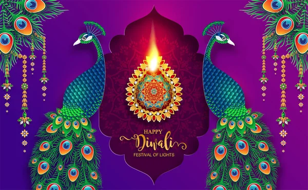 Šťastný Diwali Festival Kartu Zlaté Diya Vzorované Krystaly Papíře Barva — Stockový vektor