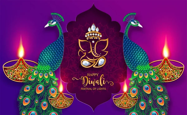 Boldog Diwali Fesztivál Kártya Arany Ilona Mintás Kristályok Papír Színes — Stock Vector