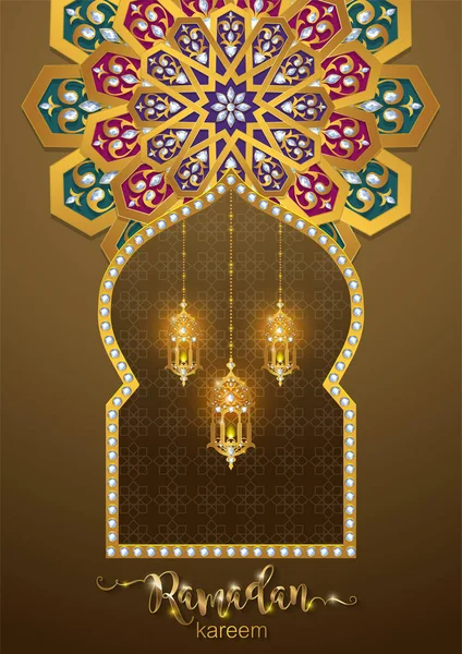 Ramadán Kareem Saludo Fondo Islámico Con Motivos Oro Cristales Sobre — Vector de stock