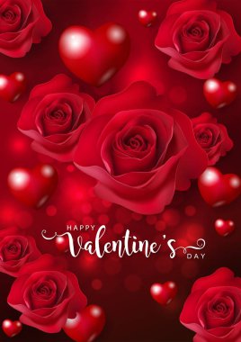 Sevgililer günü tebrik kartı şablonlarını ile gerçekçi güzel gül ve kalp üzerinde arka plan rengi.