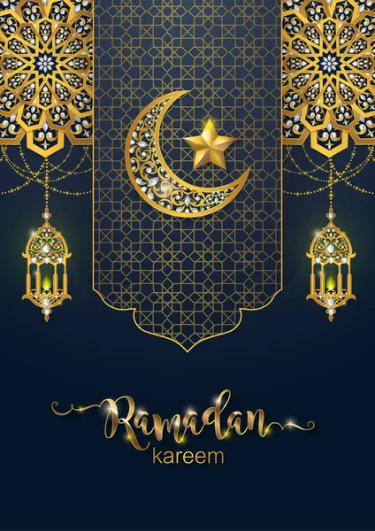 Ramadan Kareem Pozdrowienia Tło Islamskie Złota Wzorzyste Kryształy Tło Kolor — Wektor stockowy