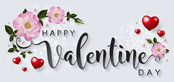 Valentinstag Grußkarte Vorlagen Mit Realistischen Der Schönen Rose Und Herz — Stockvektor