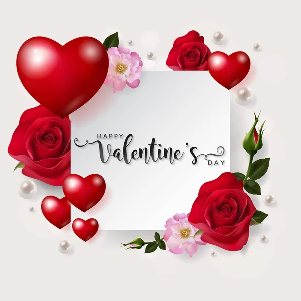 Valentinstag Grußkarte Vorlagen Mit Realistischen Der Schönen Rose Und Herz — Stockvektor