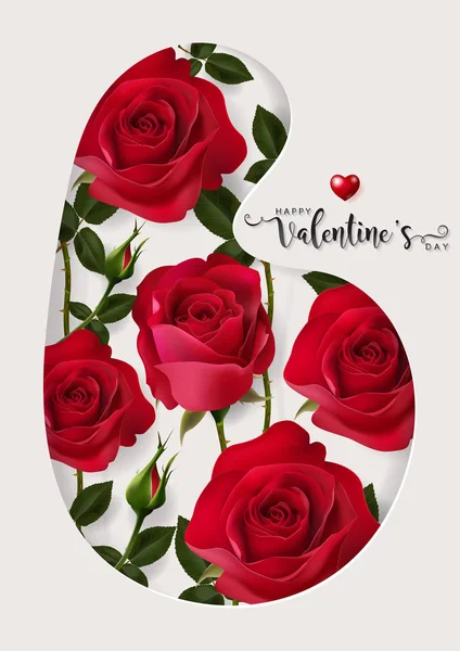 バレンタインのグリーティング カード テンプレートと美しいバラと背景色に心の現実的な — ストックベクタ