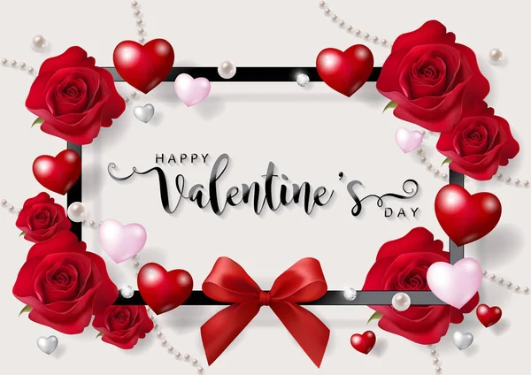 Den Svatého Valentýna Přání Šablony Realistické Krásné Růže Srdce Barvu — Stockový vektor
