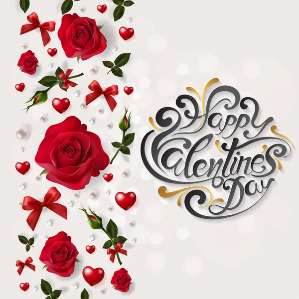 Valentin Napi Üdvözlőlap Sablonok Reális Gyönyörű Rózsa Szív Háttér Színét — Stock Vector