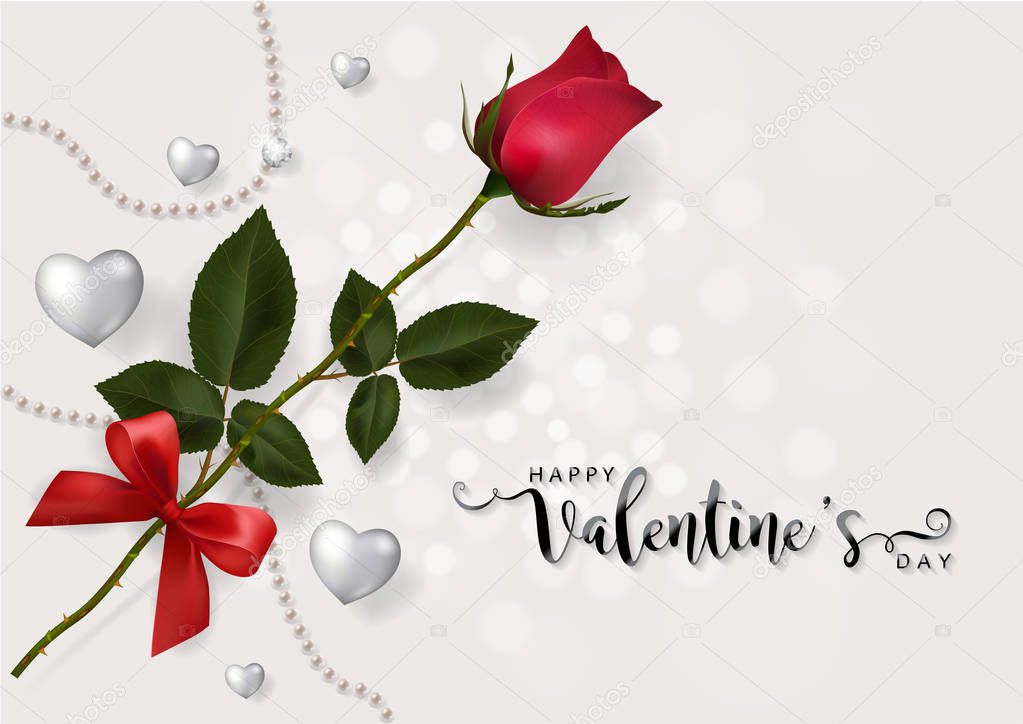 Valentine's day greeting card templates with realistic of beautiful rose and heart on background color.