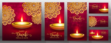 Mutlu Diwali festivali kartıyla altın diya desenli ve kristaller kağıt üzerinde arka plan rengini.