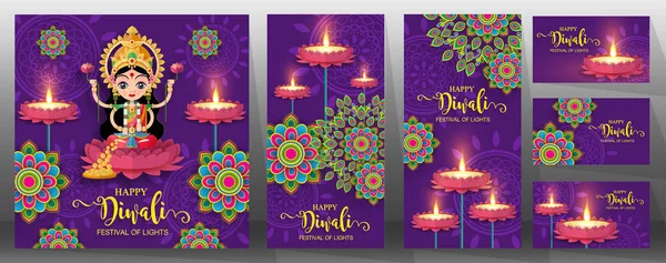Ευτυχισμένο Diwali Φεστιβάλ Κάρτα Χρυσό Diya Μοτίβο Και Κρύσταλλα Χαρτί — Διανυσματικό Αρχείο