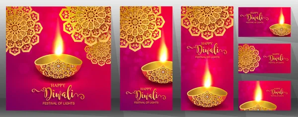 Happy Diwali Festivalkort Med Guld Diya Mönstrad Och Kristaller Papper — Stock vektor