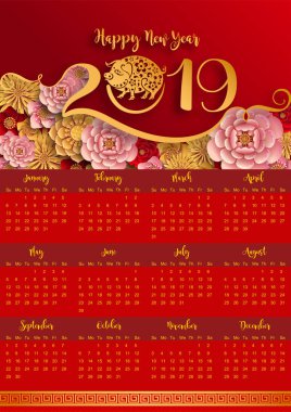 Mutlu Çin Yeni Yılı 2019 Zodiac tabelası. Renkli arka planda sanat ve zanaat sanatı kesimi. (Çince çeviri: domuz yılı)