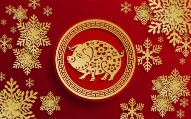 Mutlu Çin Yeni Yılı 2019 Zodiac tabelası. Renkli arka planda sanat ve zanaat sanatı kesimi. (Çince çeviri: domuz yılı)