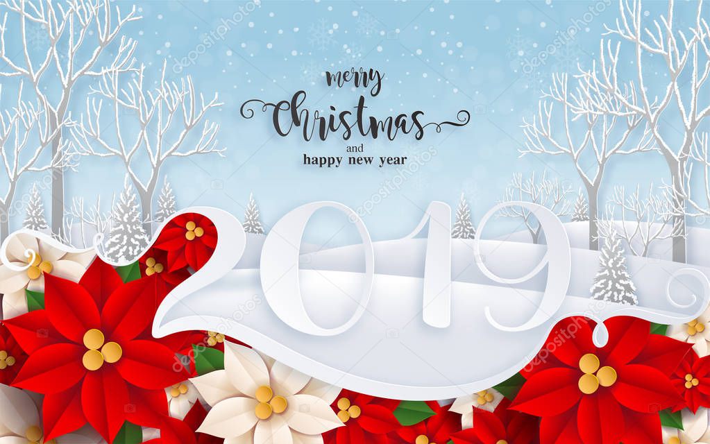 Merry christmas greetings and Happy new year 2019 templates with beautiful winter and snowfall patterned paper cut art and craft style on paper color background.