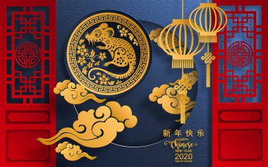 Mutlu çin yeni yıl 2020 yıl sıçan, kağıt kesilmiş sıçan karakteri, çiçek ve arka planda zanaat tarzı ile Asya elemanları. (Çince çevirisi : Happy chinese new year 2020, sıçan yılı)
