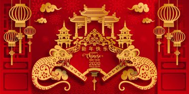 Mutlu çin yeni yıl 2020 yıl sıçan, kağıt kesilmiş sıçan karakteri, çiçek ve arka planda zanaat tarzı ile Asya elemanları. (Çince çevirisi : Happy chinese new year 2020, sıçan yılı)