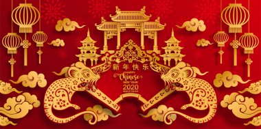 Mutlu çin yeni yıl 2020 yıl sıçan, kağıt kesilmiş sıçan karakteri, çiçek ve arka planda zanaat tarzı ile Asya elemanları. (Çince çevirisi : Happy chinese new year 2020, sıçan yılı)