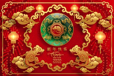 Mutlu çin yeni yıl 2020 yıl sıçan, kağıt kesilmiş sıçan karakteri, çiçek ve arka planda zanaat tarzı ile Asya elemanları. (Çince çevirisi : Happy chinese new year 2020, sıçan yılı)