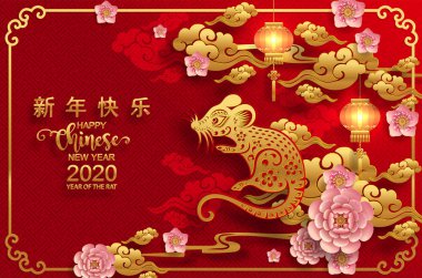 Mutlu çin yeni yıl 2020 yıl sıçan, kağıt kesilmiş sıçan karakteri, çiçek ve arka planda zanaat tarzı ile Asya elemanları. (Çince çevirisi : Happy chinese new year 2020, sıçan yılı)