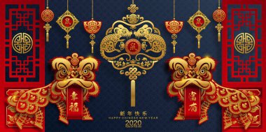 Mutlu çin yeni yıl 2020 yıl sıçan, kağıt kesilmiş sıçan karakteri, çiçek ve arka planda zanaat tarzı ile Asya elemanları. (Çince çevirisi : Happy chinese new year 2020, sıçan yılı)
