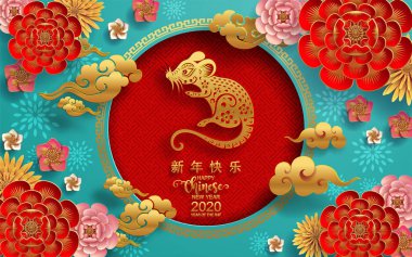 Mutlu çin yeni yıl 2020 yıl sıçan, kağıt kesilmiş sıçan karakteri, çiçek ve arka planda zanaat tarzı ile Asya elemanları. (Çince çevirisi : Happy chinese new year 2020, sıçan yılı)