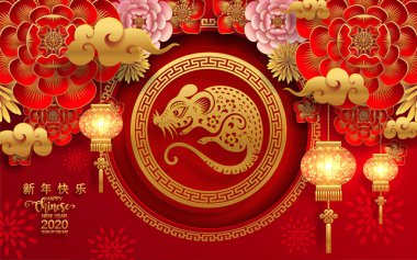 Mutlu çin yeni yıl 2020 yıl sıçan, kağıt kesilmiş sıçan karakteri, çiçek ve arka planda zanaat tarzı ile Asya elemanları. (Çince çevirisi : Happy chinese new year 2020, sıçan yılı)