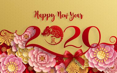 Mutlu çin yeni yıl 2020 yıl sıçan, kağıt kesilmiş sıçan karakteri, çiçek ve arka planda zanaat tarzı ile Asya elemanları. (Çince çevirisi : Happy chinese new year 2020, sıçan yılı)