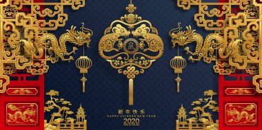 Mutlu çin yeni yıl 2020 yıl sıçan, kağıt kesilmiş sıçan karakteri, çiçek ve arka planda zanaat tarzı ile Asya elemanları. (Çince çevirisi : Happy chinese new year 2020, sıçan yılı)