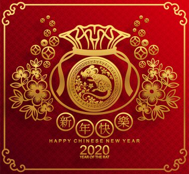 Mutlu çin yeni yıl 2020 yıl sıçan, kağıt kesilmiş sıçan karakteri, çiçek ve arka planda zanaat tarzı ile Asya elemanları. (Çince çevirisi : Happy chinese new year 2020, sıçan yılı)