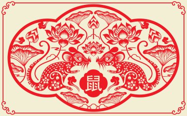 Mutlu çin yeni yıl 2020 yıl sıçan, kağıt kesilmiş sıçan karakteri, çiçek ve arka planda zanaat tarzı ile Asya elemanları. (Çince çevirisi : Happy chinese new year 2020, sıçan yılı)