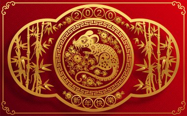 Mutlu çin yeni yıl 2020 yıl sıçan, kağıt kesilmiş sıçan karakteri, çiçek ve arka planda zanaat tarzı ile Asya elemanları. (Çince çevirisi : Happy chinese new year 2020, sıçan yılı)