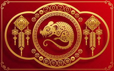 Mutlu çin yeni yıl 2020 yıl sıçan, kağıt kesilmiş sıçan karakteri, çiçek ve arka planda zanaat tarzı ile Asya elemanları. (Çince çevirisi : Happy chinese new year 2020, sıçan yılı)