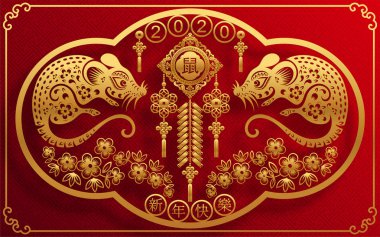Mutlu çin yeni yıl 2020 yıl sıçan, kağıt kesilmiş sıçan karakteri, çiçek ve arka planda zanaat tarzı ile Asya elemanları. (Çince çevirisi : Happy chinese new year 2020, sıçan yılı)