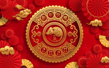 Mutlu çin yeni yıl 2020 yıl sıçan, kağıt kesilmiş sıçan karakteri, çiçek ve arka planda zanaat tarzı ile Asya elemanları. (Çince çevirisi : Happy chinese new year 2020, sıçan yılı)