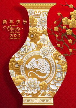 Mutlu çin yeni yıl 2020 yıl sıçan, kağıt kesilmiş sıçan karakteri, çiçek ve arka planda zanaat tarzı ile Asya elemanları. (Çince çevirisi : Happy chinese new year 2020, sıçan yılı)