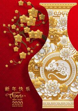 Mutlu çin yeni yıl 2020 yıl sıçan, kağıt kesilmiş sıçan karakteri, çiçek ve arka planda zanaat tarzı ile Asya elemanları. (Çince çevirisi : Happy chinese new year 2020, sıçan yılı)