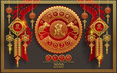 Mutlu çin yeni yıl 2020 yıl sıçan, kağıt kesilmiş sıçan karakteri, çiçek ve arka planda zanaat tarzı ile Asya elemanları. (Çince çevirisi : Happy chinese new year 2020, sıçan yılı)