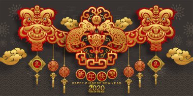 Mutlu çin yeni yıl 2020 yıl sıçan, kağıt kesilmiş sıçan karakteri, çiçek ve arka planda zanaat tarzı ile Asya elemanları. (Çince çevirisi : Happy chinese new year 2020, sıçan yılı)