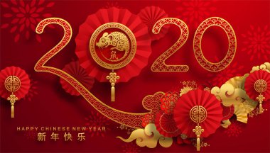 Mutlu çin yeni yıl 2020 yıl sıçan, kağıt kesilmiş sıçan karakteri, çiçek ve arka planda zanaat tarzı ile Asya elemanları. (Çince çevirisi : Happy chinese new year 2020, sıçan yılı)