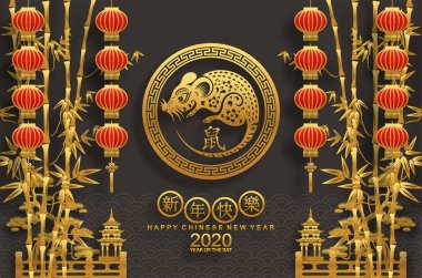 Mutlu çin yeni yıl 2020 yıl sıçan, kağıt kesilmiş sıçan karakteri, çiçek ve arka planda zanaat tarzı ile Asya elemanları. (Çince çevirisi : Happy chinese new year 2020, sıçan yılı)