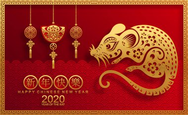 Mutlu çin yeni yıl 2020 yıl sıçan, kağıt kesilmiş sıçan karakteri, çiçek ve arka planda zanaat tarzı ile Asya elemanları. (Çince çevirisi : Happy chinese new year 2020, sıçan yılı)
