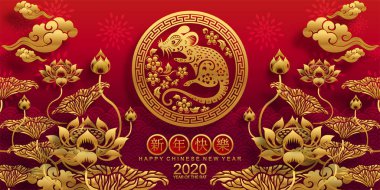 Mutlu çin yeni yıl 2020 yıl sıçan, kağıt kesilmiş sıçan karakteri, çiçek ve arka planda zanaat tarzı ile Asya elemanları. (Çince çevirisi : Happy chinese new year 2020, sıçan yılı)