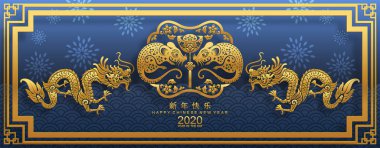 Mutlu çin yeni yıl 2020 yıl sıçan, kağıt kesilmiş sıçan karakteri, çiçek ve arka planda zanaat tarzı ile Asya elemanları. (Çince çevirisi : Happy chinese new year 2020, sıçan yılı)