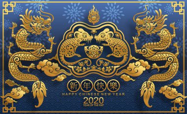 Mutlu çin yeni yıl 2020 yıl sıçan, kağıt kesilmiş sıçan karakteri, çiçek ve arka planda zanaat tarzı ile Asya elemanları. (Çince çevirisi : Happy chinese new year 2020, sıçan yılı)