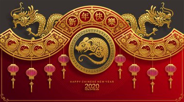 Mutlu çin yeni yıl 2020 yıl sıçan, kağıt kesilmiş sıçan karakteri, çiçek ve arka planda zanaat tarzı ile Asya elemanları. (Çince çevirisi : Happy chinese new year 2020, sıçan yılı)