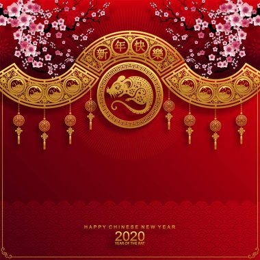Mutlu çin yeni yıl 2020 yıl sıçan, kağıt kesilmiş sıçan karakteri, çiçek ve arka planda zanaat tarzı ile Asya elemanları. (Çince çevirisi : Happy chinese new year 2020, sıçan yılı)