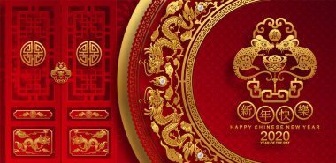 Mutlu çin yeni yıl 2020 yıl sıçan, kağıt kesilmiş sıçan karakteri, çiçek ve arka planda zanaat tarzı ile Asya elemanları. (Çince çevirisi : Happy chinese new year 2020, sıçan yılı)