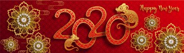 Mutlu çin yeni yıl 2020 yıl sıçan, kağıt kesilmiş sıçan karakteri, çiçek ve arka planda zanaat tarzı ile Asya elemanları. (Çince çevirisi : Happy chinese new year 2020, sıçan yılı)